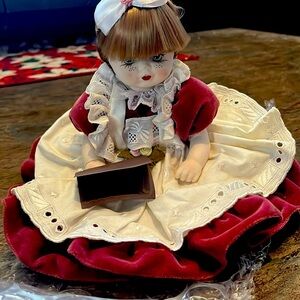 Elegant Burgundy and White Porcelain Doll with tags, Italy